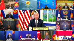 <p>　２７日、オンライン形式の東アジアサミットで話すバイデン米大統領（ブルネイ政府提供・ＡＰ＝共同）</p>