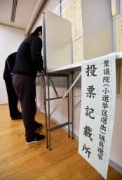 <p>　衆院選で投票用紙に記入する有権者＝３１日午前、東京都港区</p>
