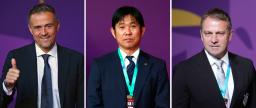 　（左から）スペインのルイスエンリケ監督（ゲッティ＝共同）、森保監督（共同）、ドイツのフリック監督（ＡＰ＝共同）＝１日、ドーハ