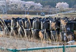 　福島県浪江町の特定復興再生拠点区域に残る除染廃棄物が詰まった袋＝３１日午前
