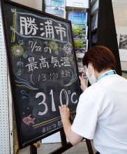 １１０年以上気温３５度超えなし　「涼しい勝浦」黒板でアピール　その日の最高温度を手書き、市役所ロビー