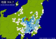 【速報】関東・東北・中部で地震　Ｍ４．７　東京、神奈川、埼玉、千葉、静岡などで広く揺れ　最大震度４　震源は栃木県北部　地震が及んだ地域人口４５４３万人