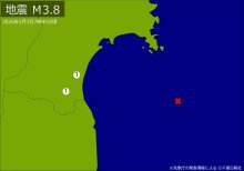 東北で地震　Ｍ３．８　震源は宮城県沖　地震が及んだ地域人口６万人
