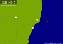 関東・東北で深夜に地震　Ｍ３．７　震源は福島県沖　地震が及んだ地域人口４０万人