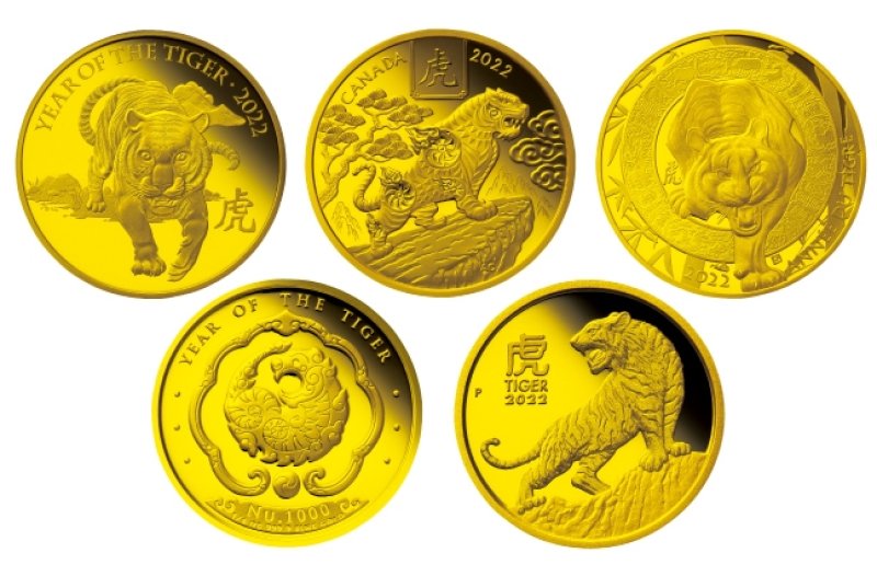 寅年虎図記念コインの金貨５種（千葉興銀提供）
