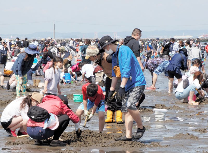 大勢の家族連れらでにぎわう潮干狩り場＝３日、富津市