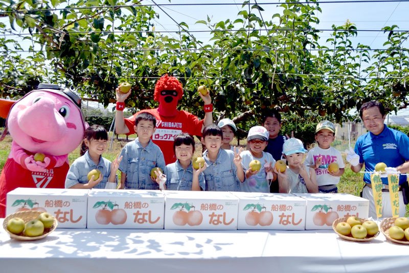 もぎたて梨を手に笑顔の子どもたち。左はジャンボくん、奥はオッチー。右は生産農家の斎藤さん＝１日、船橋市