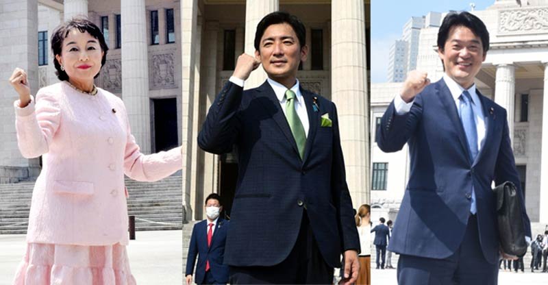 初登院した（左から）自民党の猪口議員、自民党の臼井議員、立憲民主党の小西議員＝３日