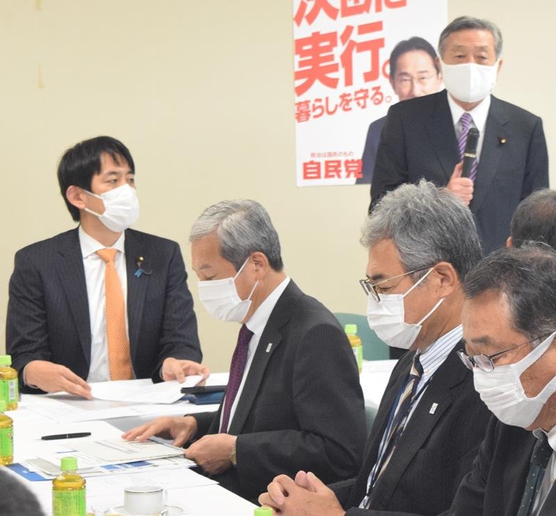 自民党成田国際空港推進議連であいさつする会長代理の林氏（右奥）、小林氏（左）、ＮＡＡの田村社長（左から２人目）＝７日、党本部
