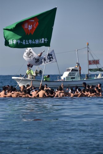 旗を振りながら寒中水泳に挑む参加者＝２０１９年１月、館山市
