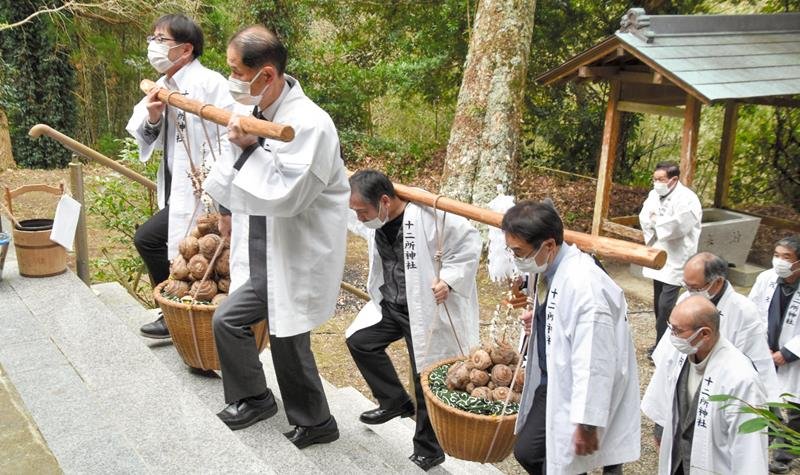 十二所神社までサトイモを担いで歩く住民ら（館山市提供）
