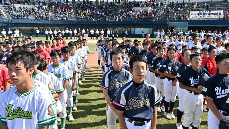 開会式で勢揃いした４８チームの選手たち＝５日、市原市のゼットエーボールパーク