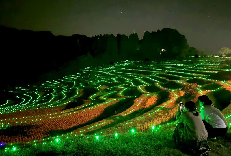 約１万本のＬＥＤで鮮やかにライトアップされた大山千枚田＝鴨川市