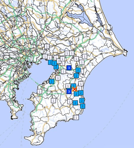 ３日午後０時３４分ごろに発生した地震の震度分布（気象庁ホームページより）