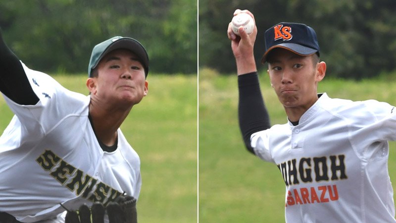 専大松戸の梅沢（左）と木更津総合の石沢の両エースによる投げ合いは延長１０回タイブレークでの決着となった＝２１日、県総合ＳＣ