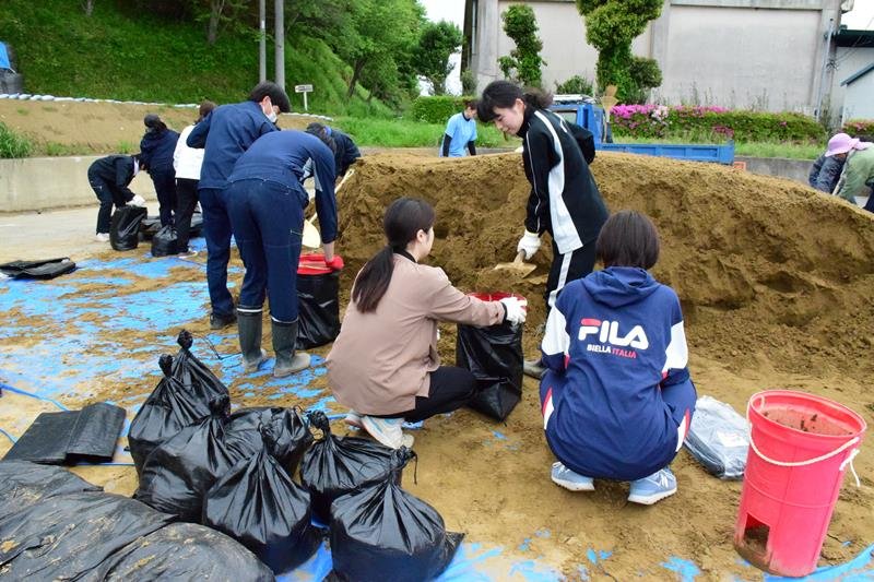 大雨に備え土のうを作る新規採用職員ら＝２３日、茂原市
