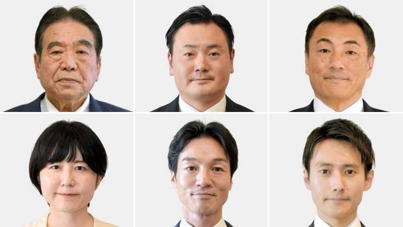印西市長選に出馬表明している（左上から時計回りに）板倉正直氏、藤代健吾氏、中沢俊介氏、野崎崇正氏、大崎雄介氏、松本有利子氏