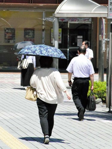 茂原市でも今年の最高気温を更新。日傘を差す人の姿が目立った＝２４日午後