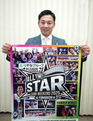 来年１月に船橋市で行われるＢリーグオールスターゲームをＰＲする島田チェアマン＝千葉日報社