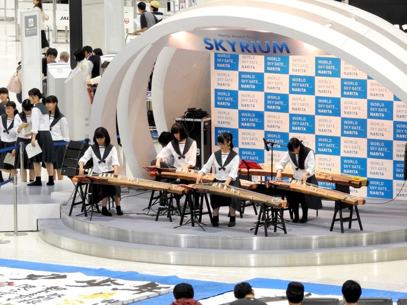 ＳＧＨ（スーパーグローバルハイスクール）の「日本文化発信プロジェクト」。成田空港で箏曲部が演奏を披露した