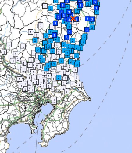 震度分布（気象庁ホームページより）
