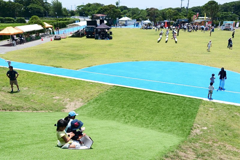 なみはらくじらパークの中央部。芝生広場の横には高低差を生かした斜面滑り台を設置した＝南房総市