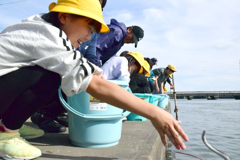 南白亀川にウナギを放流する児童ら＝白子町
