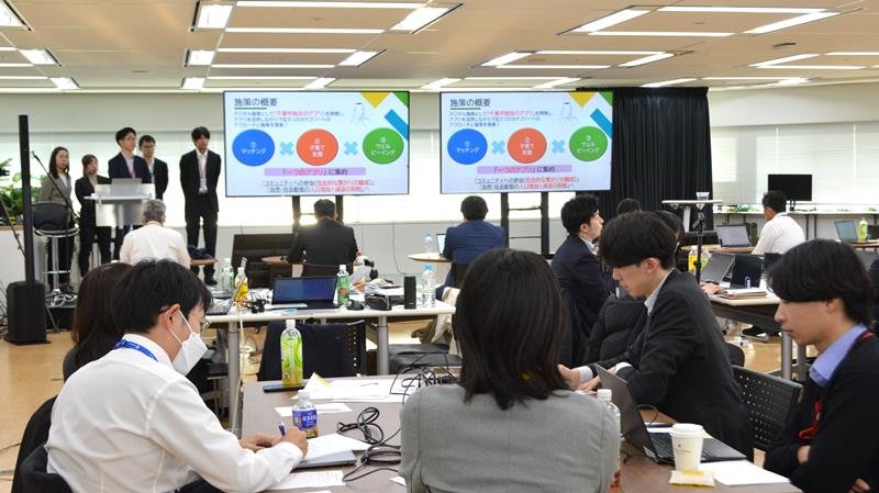 チームでビジネスプランを提案する参加者ら＝千葉市美浜区
