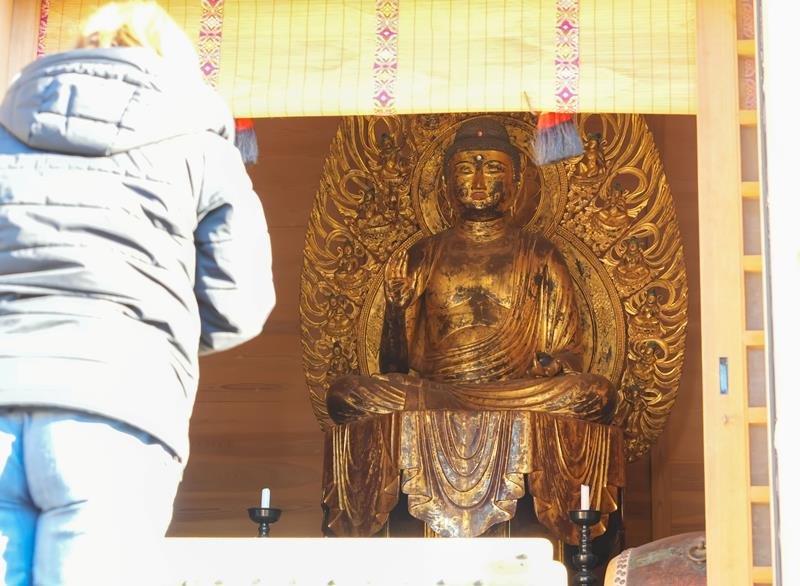公開された国重要文化財の「木造薬師如来坐像」＝８日、銚子市の常灯寺
