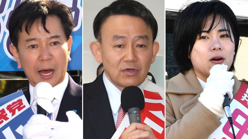 （右から届け出順に）共産新人の田村理江氏＝成田市、中道前職の谷田川元氏＝香取市、自民前職の小池正昭氏＝香取市