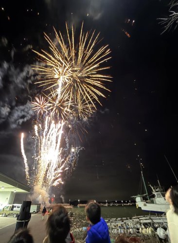 竹岡漁港で打ち上げられた東日本大震災の犠牲者を追悼する「祈りの花火」＝７日夜、富津市

