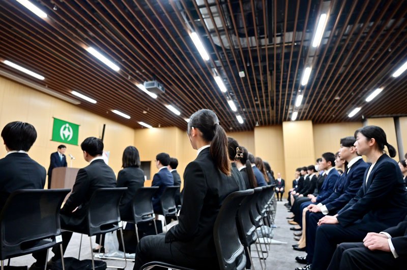発令式で神谷市長の訓示を聞く新規採用職員＝１日、千葉市役所