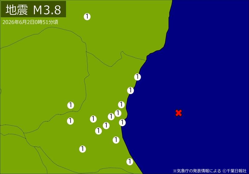 午前０時５１分ごろ、茨城県沖を震源とする地震の震度分布図