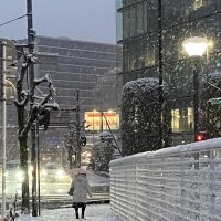 雪道を慎重に歩く女性＝６日午後4時４５分ごろ、千葉市中央区