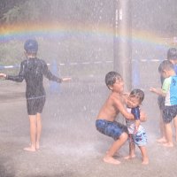 猛暑の中で水遊びを楽しむ子どもたち＝２日午後３時ごろ、千葉市中央区の青葉の森公園