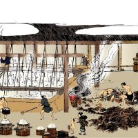 展示されている行徳塩田の「塩竈之図（しおがまのず）」。江戸時代の地誌「江戸名所図会」中の作品を電子的に彩色し展示している＝千葉県立関宿城博物館提供

