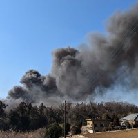 廃材が燃え、黒い煙が上っている＝２８日午後２時ごろ、成田市前林