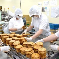 銚子電鉄のぬれ煎餅工場で、仕上がりをチェックする従業員