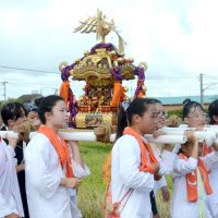 大人が担ぐみこしより一回り小さい「上町」の子どもみこし＝６日、横芝光町