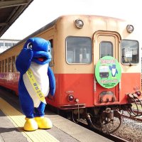 電話de詐欺への警戒を呼びかけるヘッドマークを取り付けた小湊鉄道の車両＝市原市の五井駅
