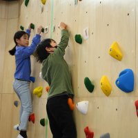 旧成田市立東小学校の跡地にオープンした複合施設の体育館内でボルダリングに挑戦する子ども
