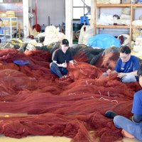 漁網のメンテナンスは手作業で行われる