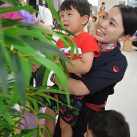 地上係員に抱きかかえられながら模造ササの高い位置に飾り付けする園児＝４日、成田市の成田空港