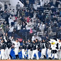 千葉ロッテのファン感謝イベントで選手に声援を送るファン＝２０２２年１１月、千葉市美浜区のＺＯＺＯマリンスタジアム