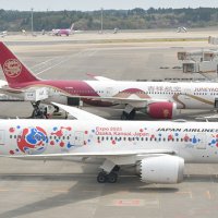 ミャクミャクが塗装されたＪＡＬの国際線旅客機（手前）＝成田市の成田空港