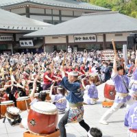 大太鼓の打音に合わせて大勢の演奏者が力強く太鼓を打ち鳴らす成田太鼓祭の千願華太鼓＝１９日、成田市の成田山新勝寺
