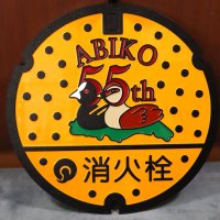 ５５周年記念ロゴがデザインされた消火栓用鉄ふた（我孫子市提供）