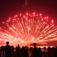 約８千発の花火が打ち上げられ、夜空や川面を彩った＝４日夜、香取市