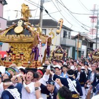 茂原、高師の両八幡神社の神輿を勇壮に担ぐ氏子ら＝１４日、茂原市