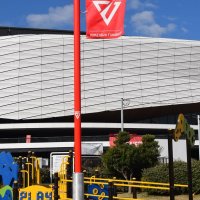 支柱が赤になりジェッツフラッグが取り付けられた照明灯
